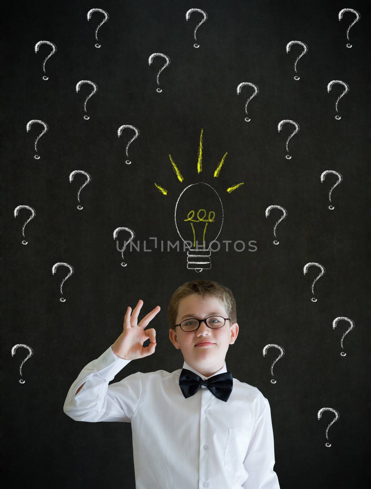 All ok or okay sign dressed up as business man questioning ideas on blackboard background