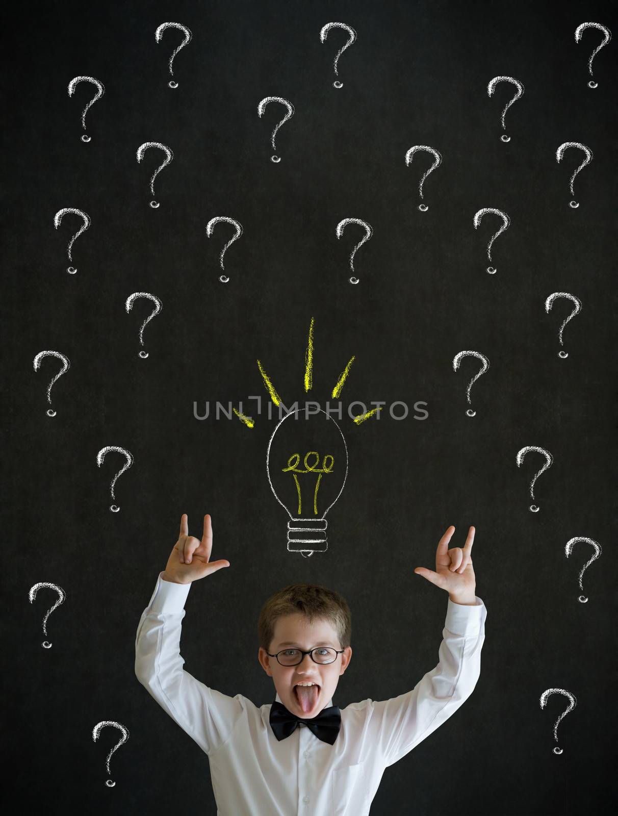Knowledge rocks dressed up as business man questioning ideas on blackboard background