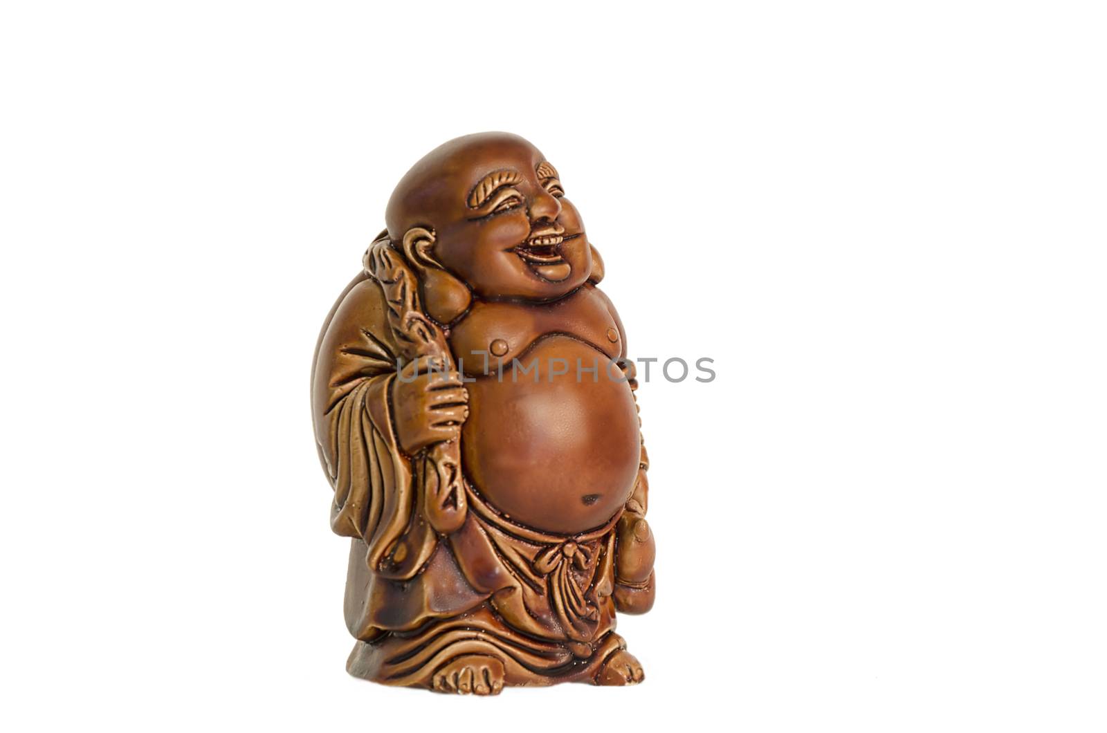 Statuette Hotei or the Laughing Buddha - the God of Wealth, joy and prosperity on a white background.