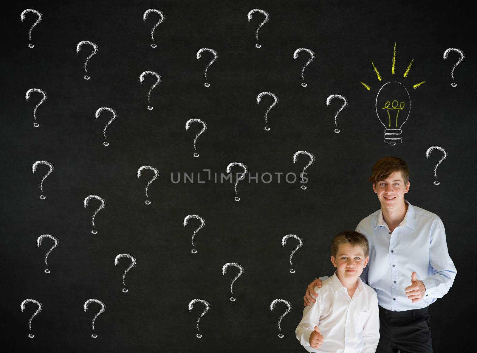 Thinking boy and Businessman/Teacher questioning ideas on blackboard background
