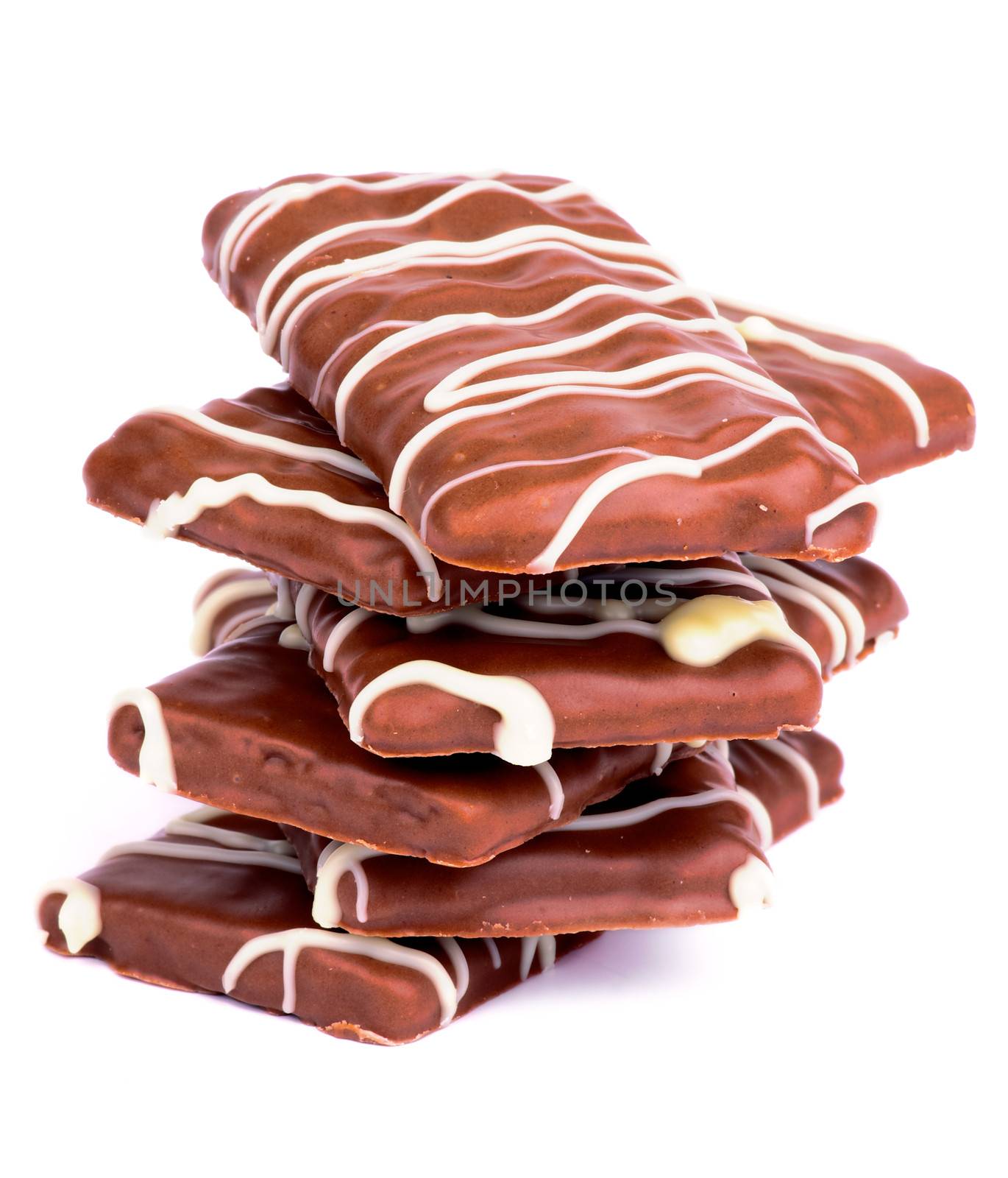 Stack of Chocolate Biscuits with Striped Milk Chocolate Glazed isolated on white background