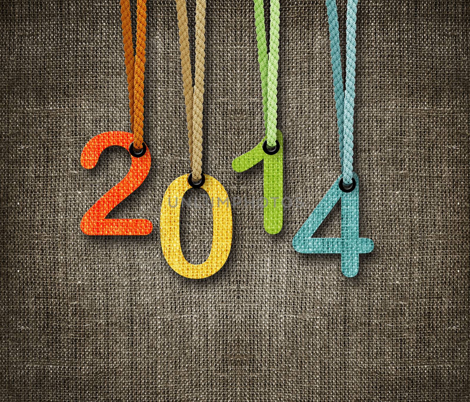 Happy New year 2014, numbers hunging by rope as puppeteer on sackcloth background, the same concept available for 2015 and 2016.