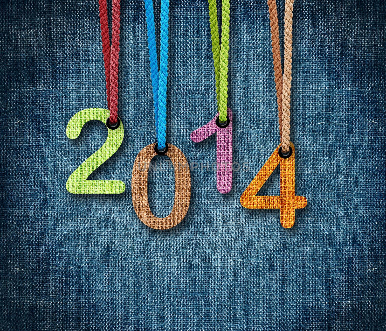 Happy New year 2014, numbers hunging by rope as puppeteer on sackcloth background, the same concept available for 2015 and 2016.