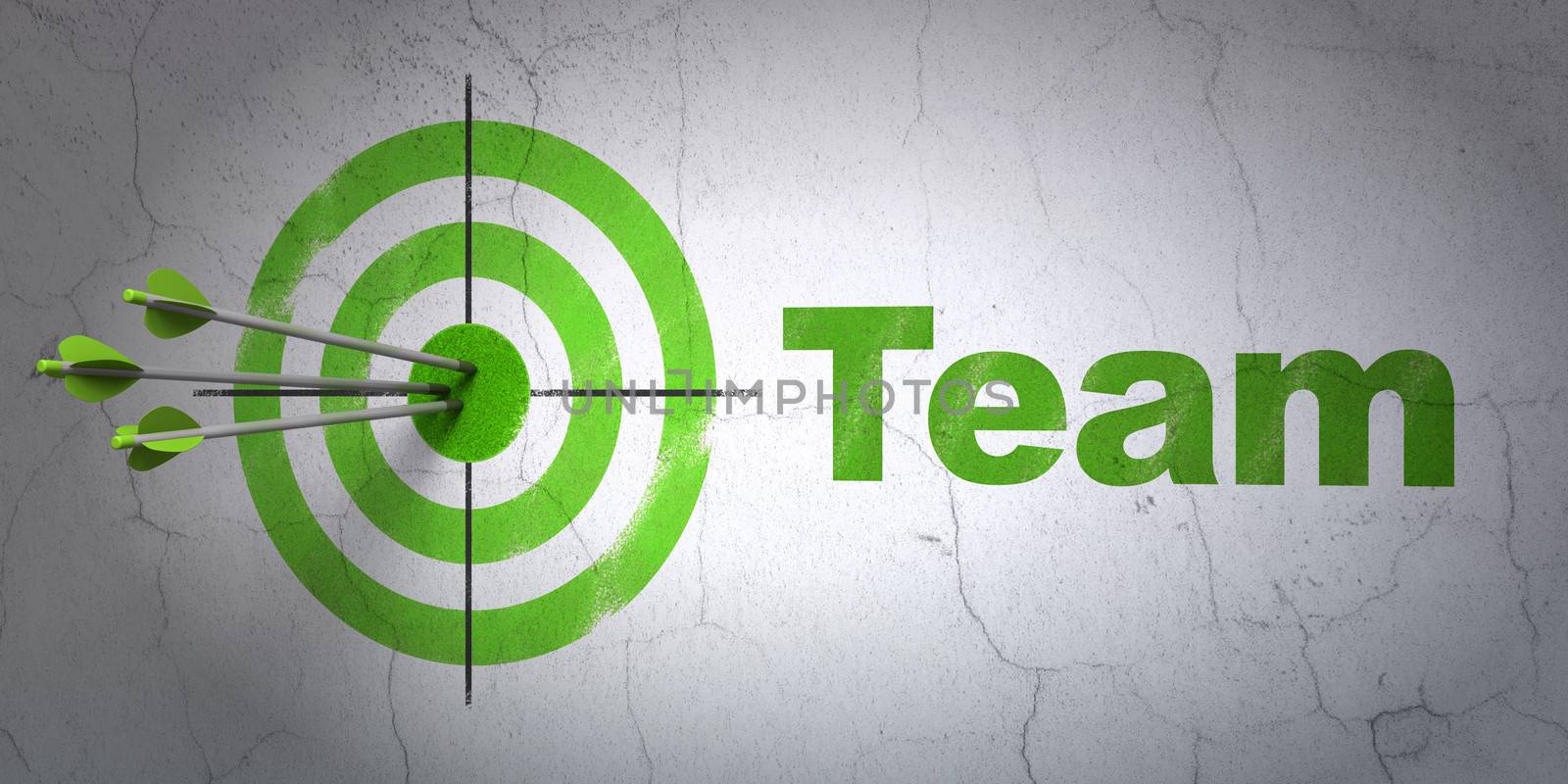 Success business concept: arrows hitting the center of target, Green Team on wall background, 3d render