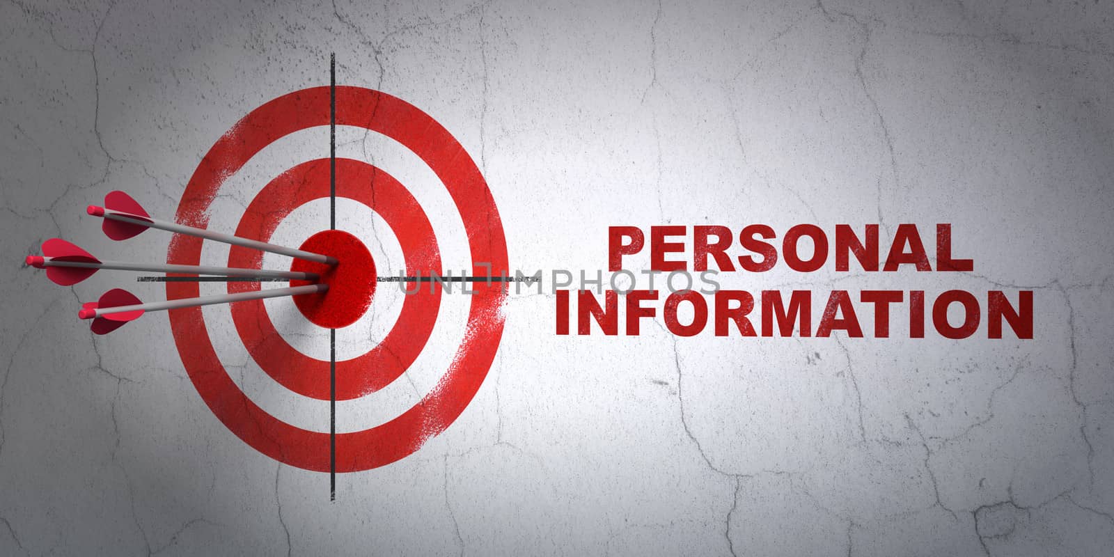 Success security concept: arrows hitting the center of target, Red Personal Information on wall background, 3d render