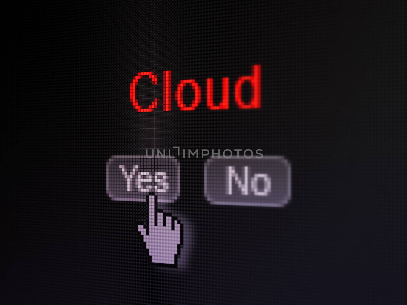 Cloud networking concept: buttons yes and no with pixelated word Cloud and Hand cursor on digital computer screen, selected focus 3d render
