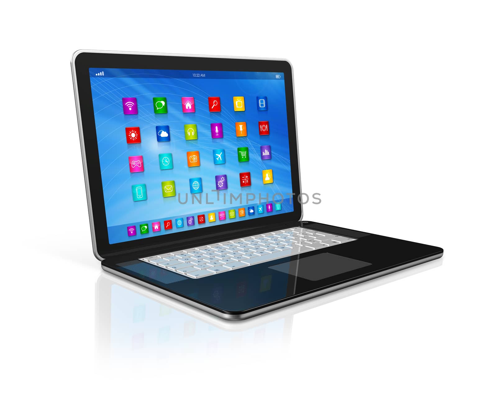 3D Laptop Computer - apps icons interface - isolated on white with clipping path