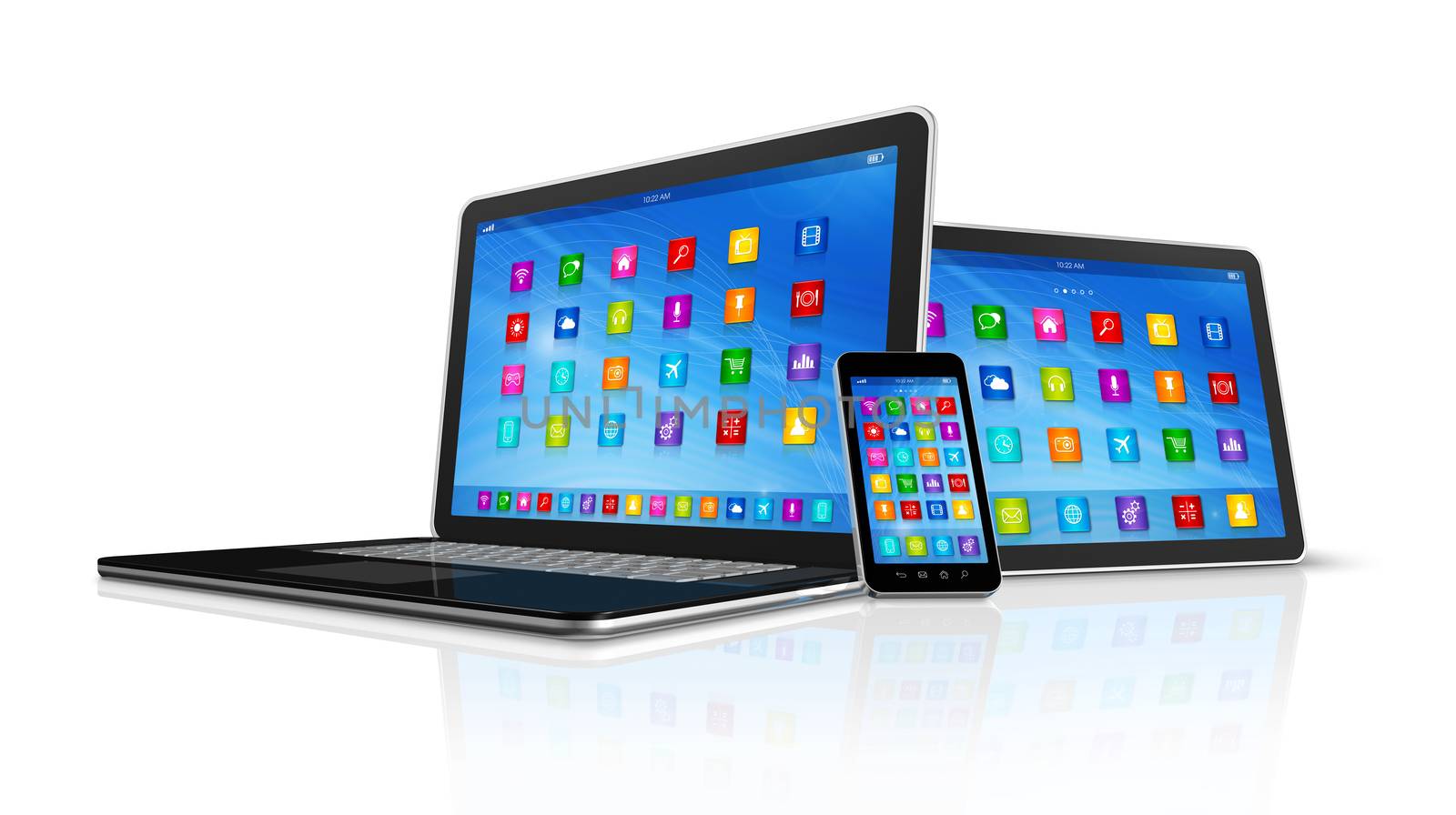 3D Smartphone, Digital Tablet Computer and Laptop isolated on white with clipping path