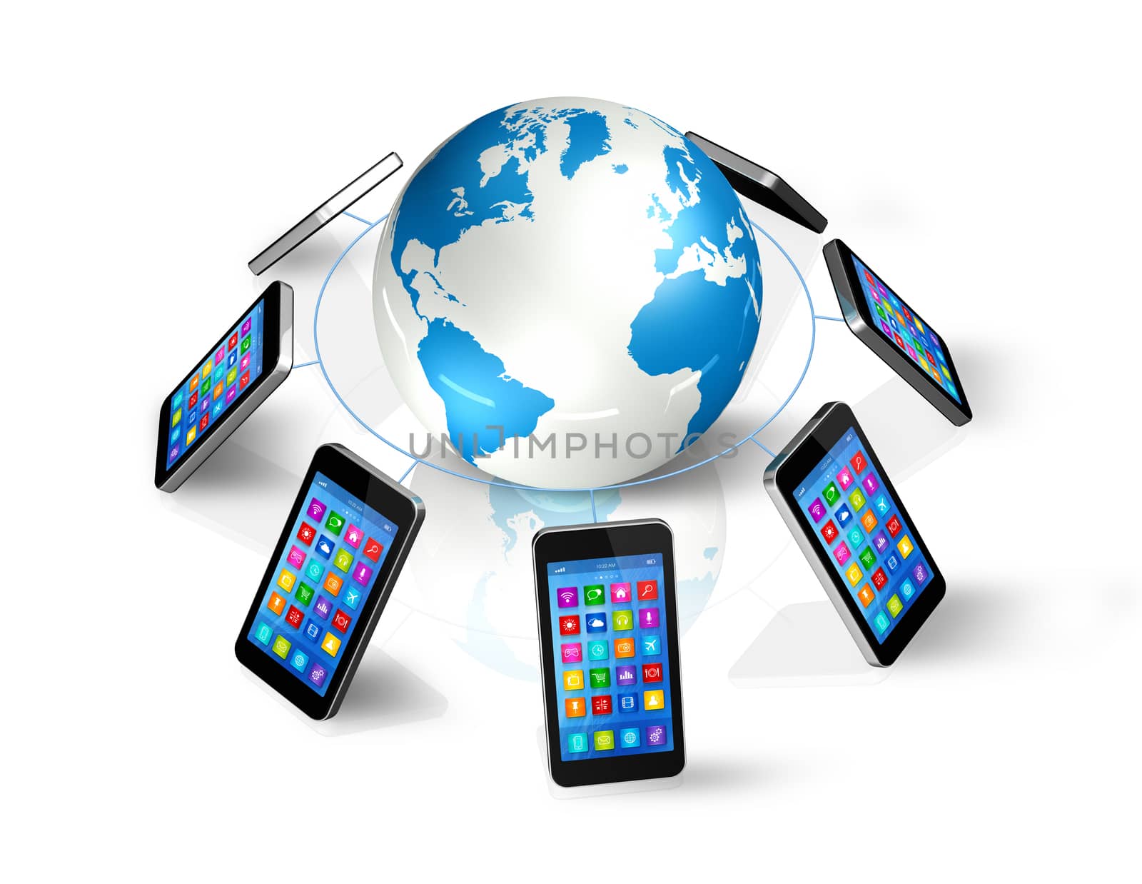 3D Smartphones Around World Globe, isolated on white - Global Communication Concept