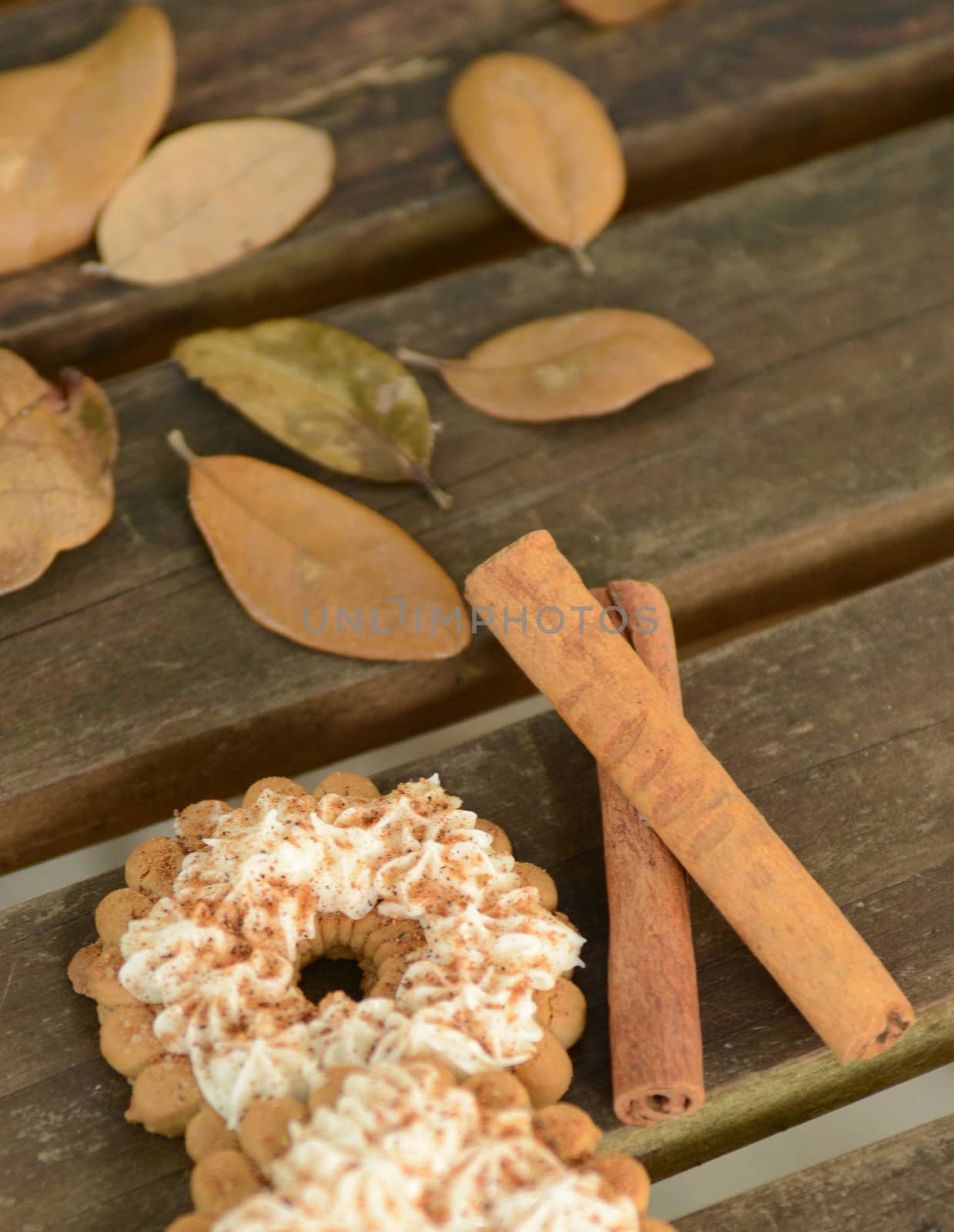 cinnamon cookies on wood table with autumn leaves