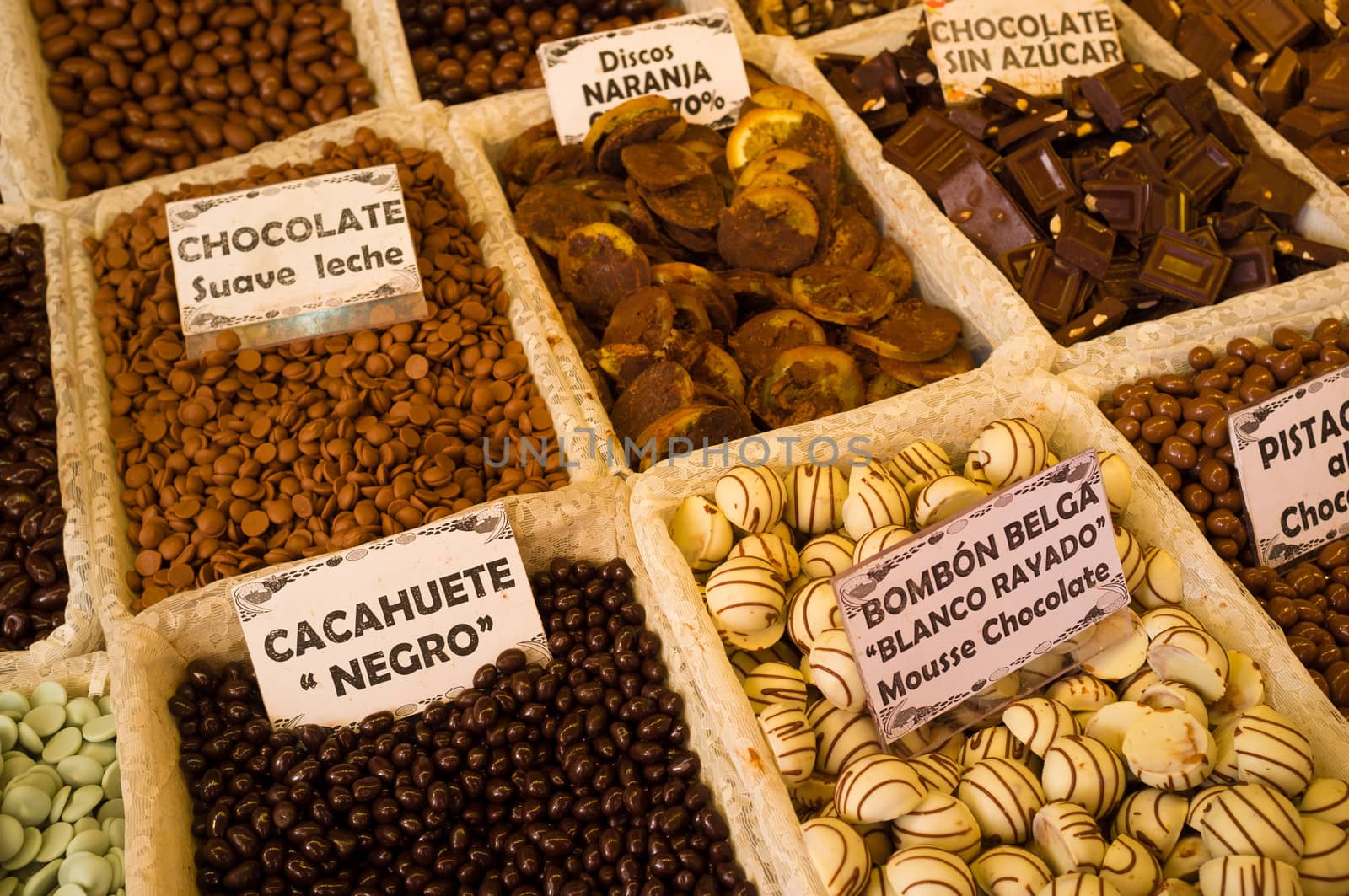 Market stall displaying a wide range of chocolate