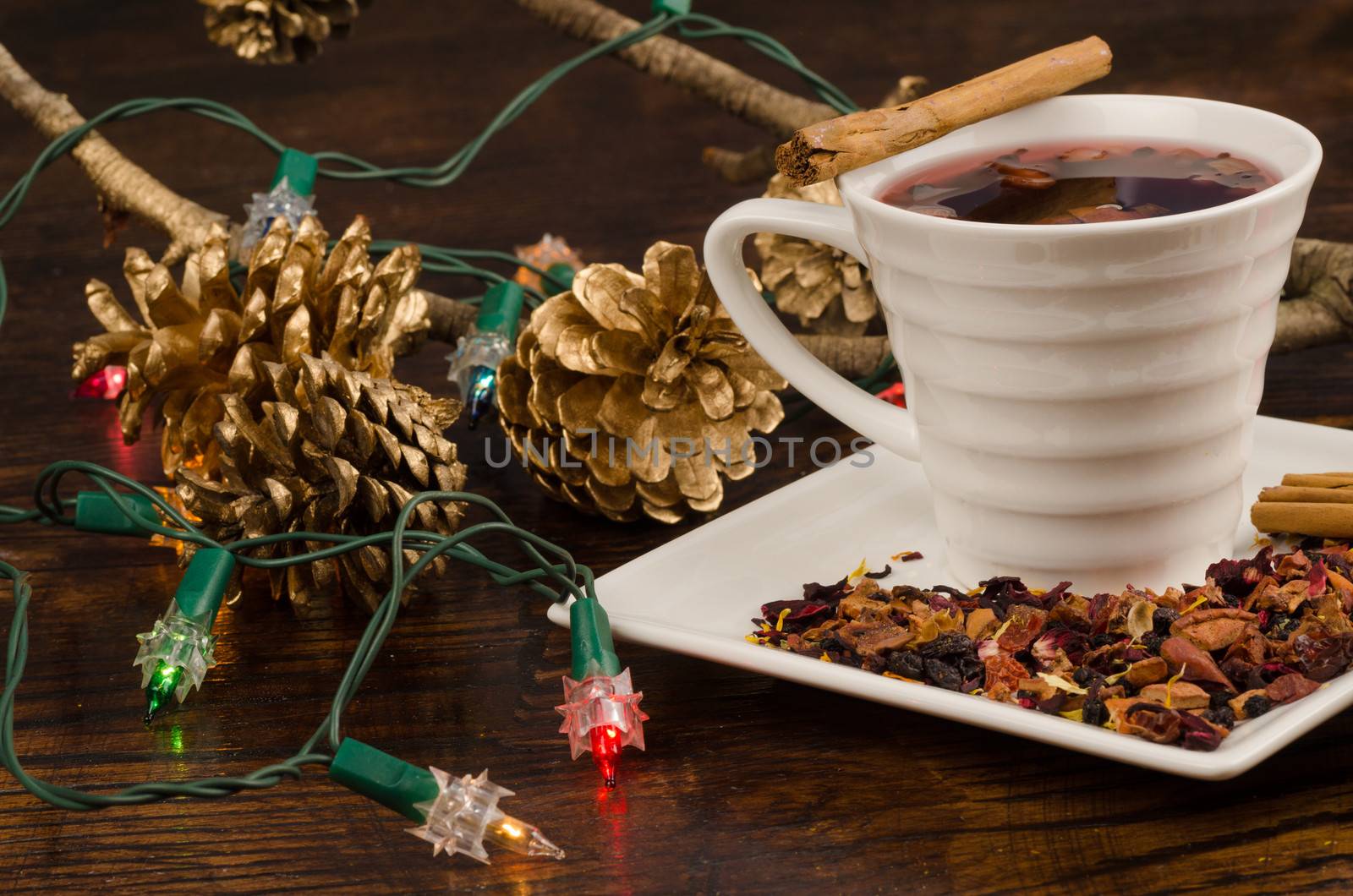 Hot drink in a still life with Christmas decoration