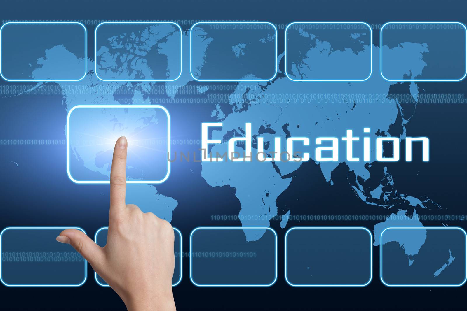 Education concept with interface and world map on blue background