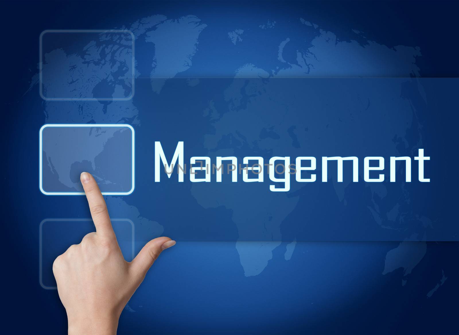 Management concept with interface and world map on blue background
