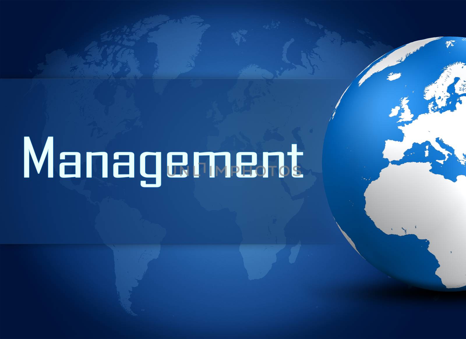 Management concept with globe on blue background