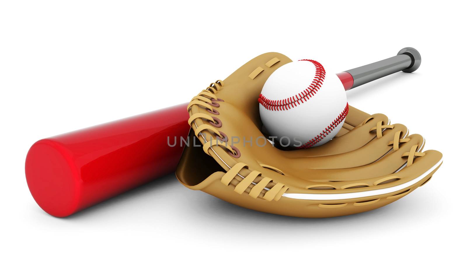 Leather glove with baseball and bat on a white background
