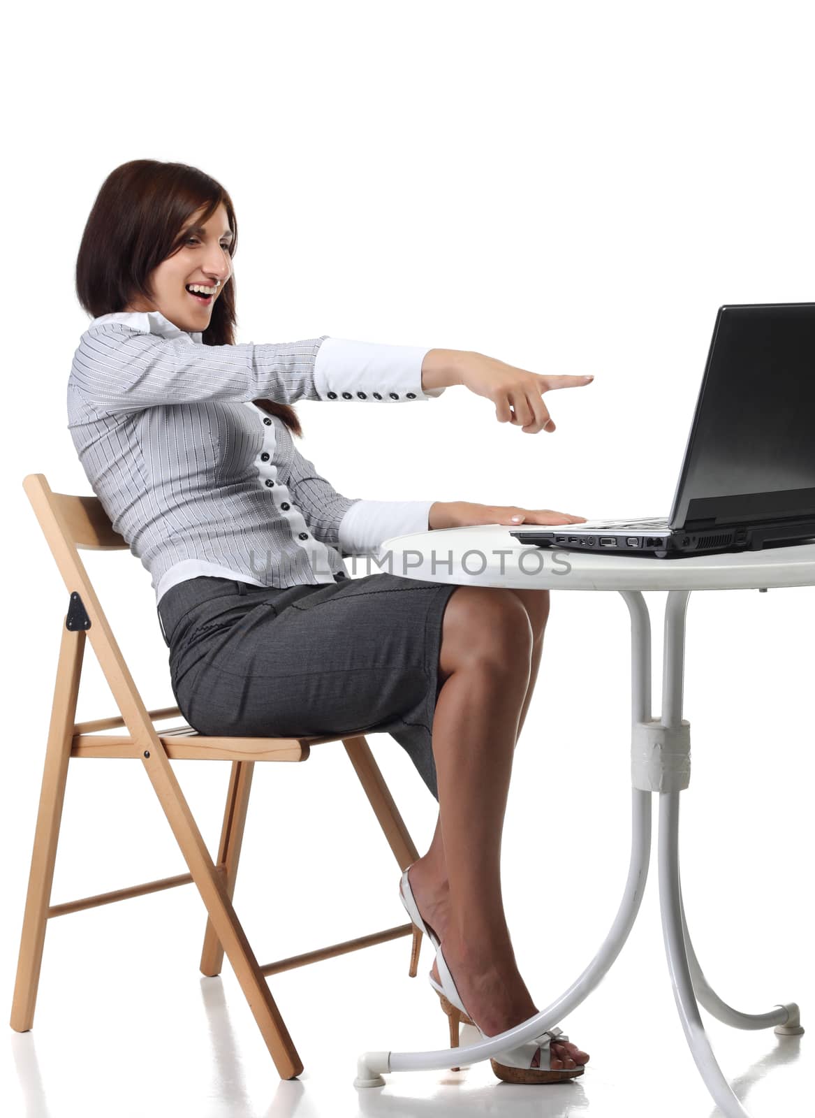 Happy women sitting with computer isolated on the white background