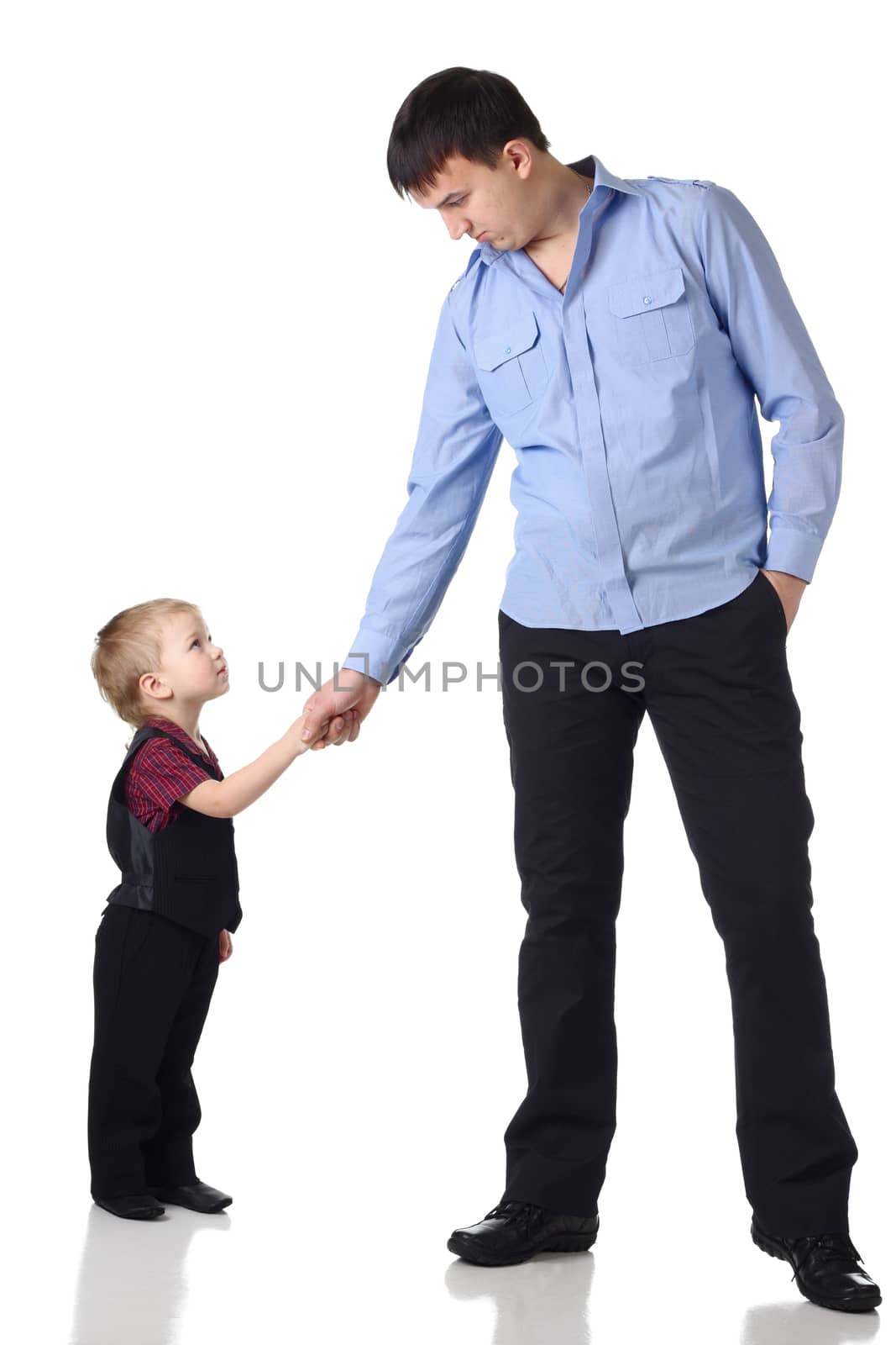 Man and little boy shaking hands isolated on the white