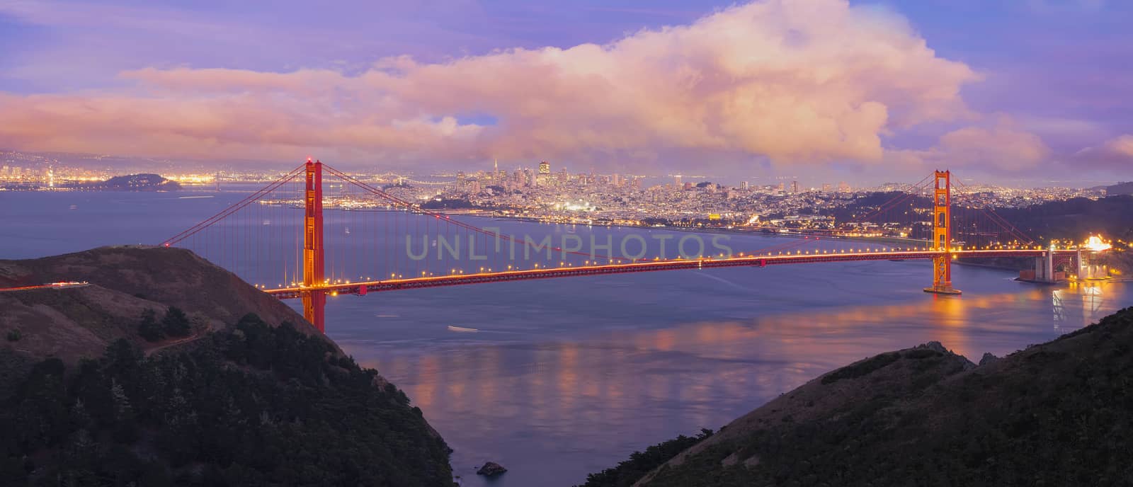 San Francisco Northern California Golden Gate Bridge at Blue Hour with Cumulus Clouds Panorama