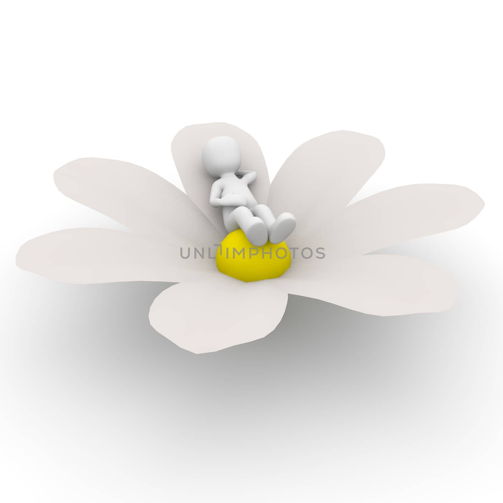 A 3D character relax on a big flower.