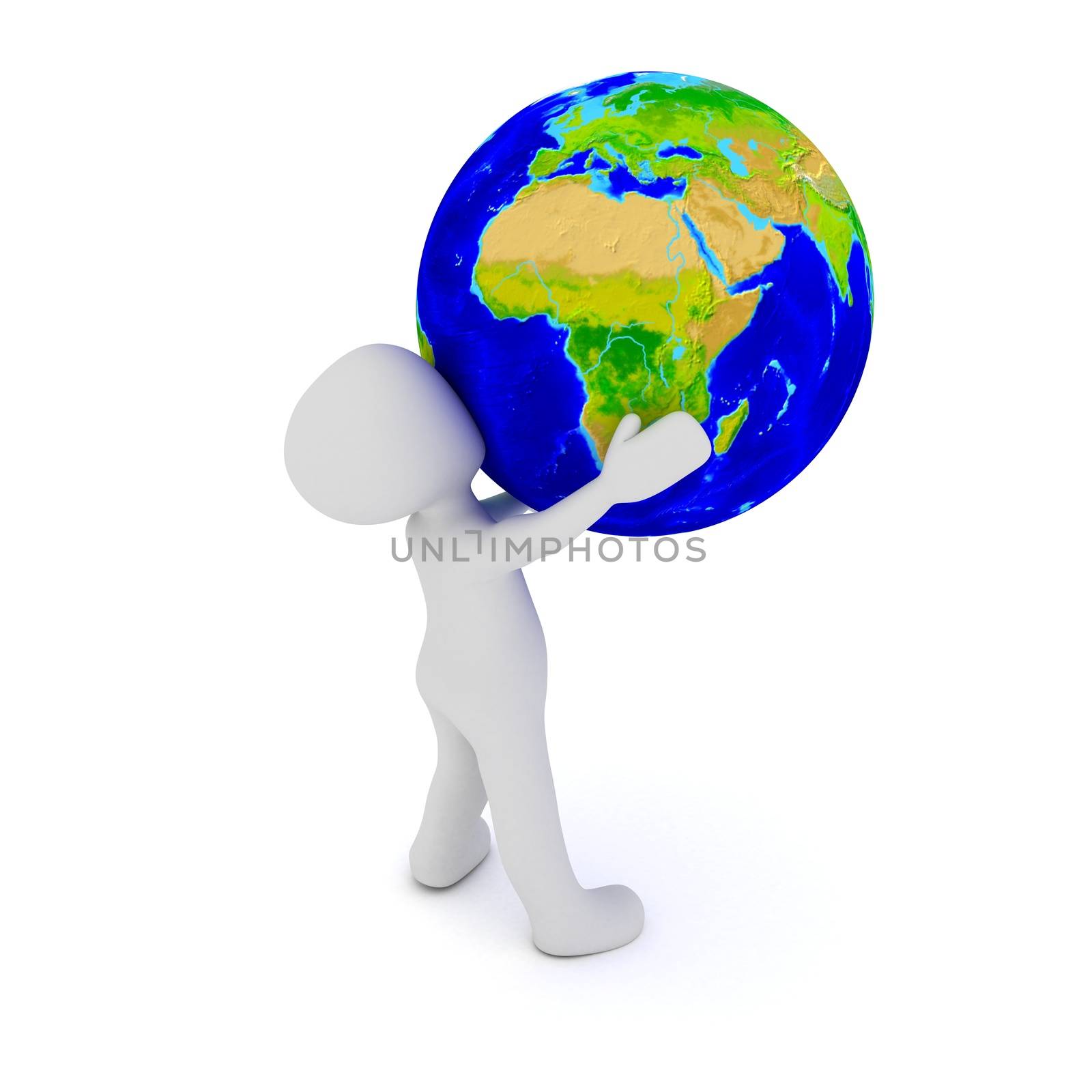 A 3d character holding the world in his arms