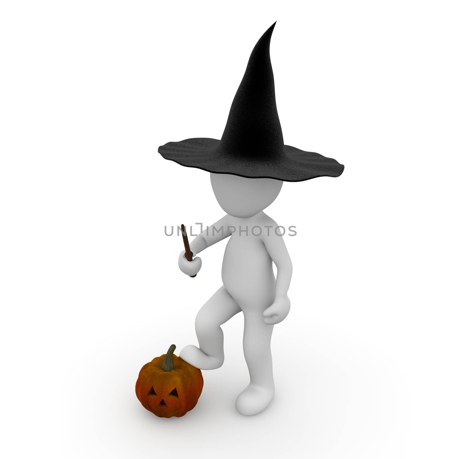 A witch with a magic wand and a pumpkin.