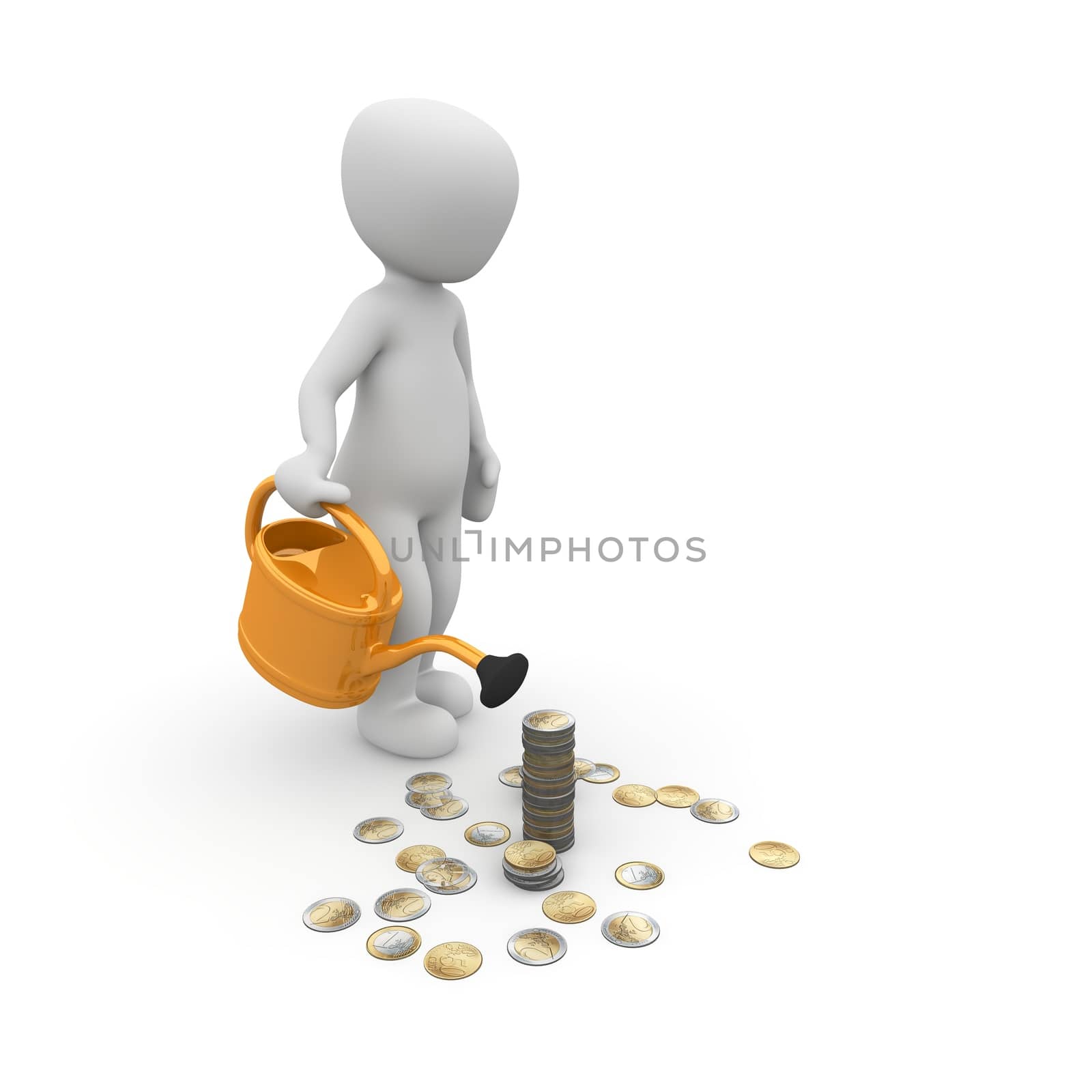 A 3d character with a watering can pouring his money.