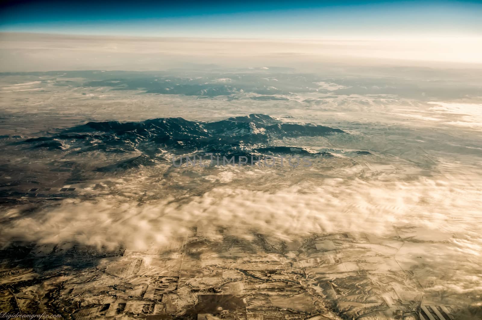 Panoramic view of landscape of rocky Mountain Range in winter