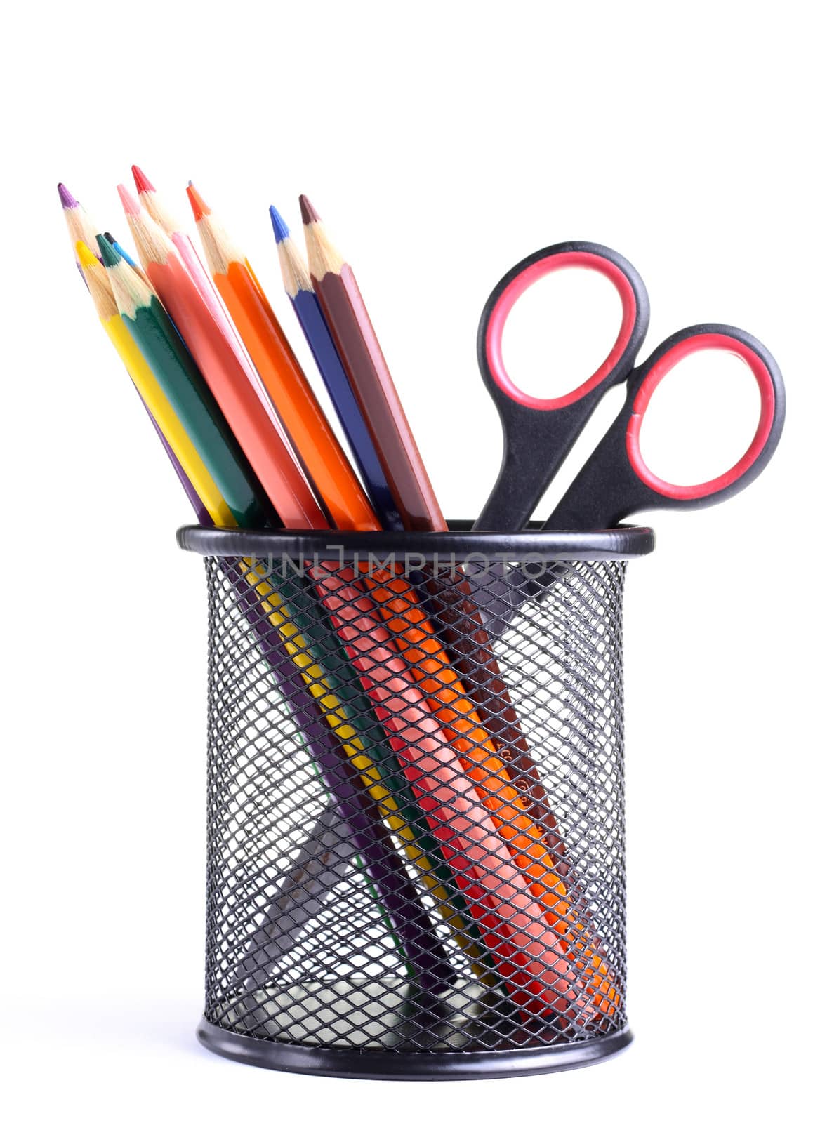 Pencils and scissors in the container isolated on the white