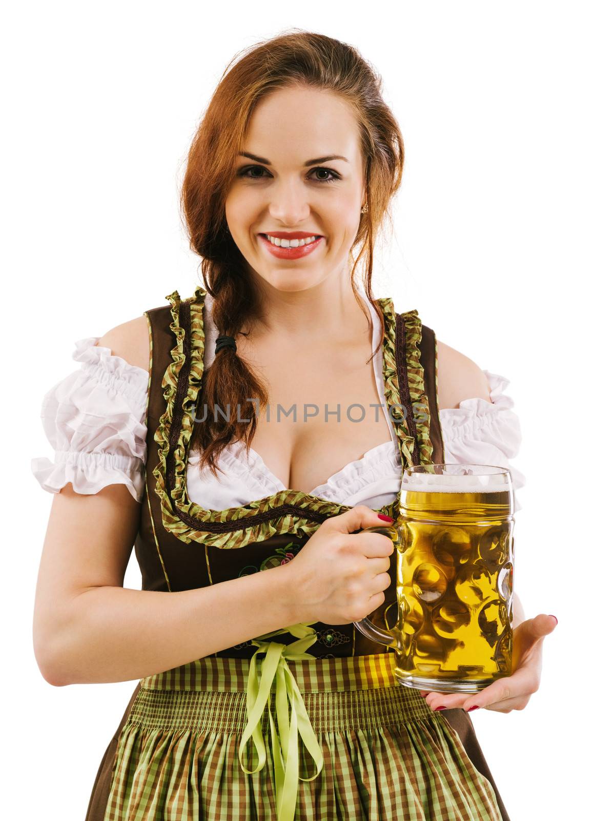 Photo of a beautiful female waitress wearing traditional dirndl and holding a huge beer over white background.