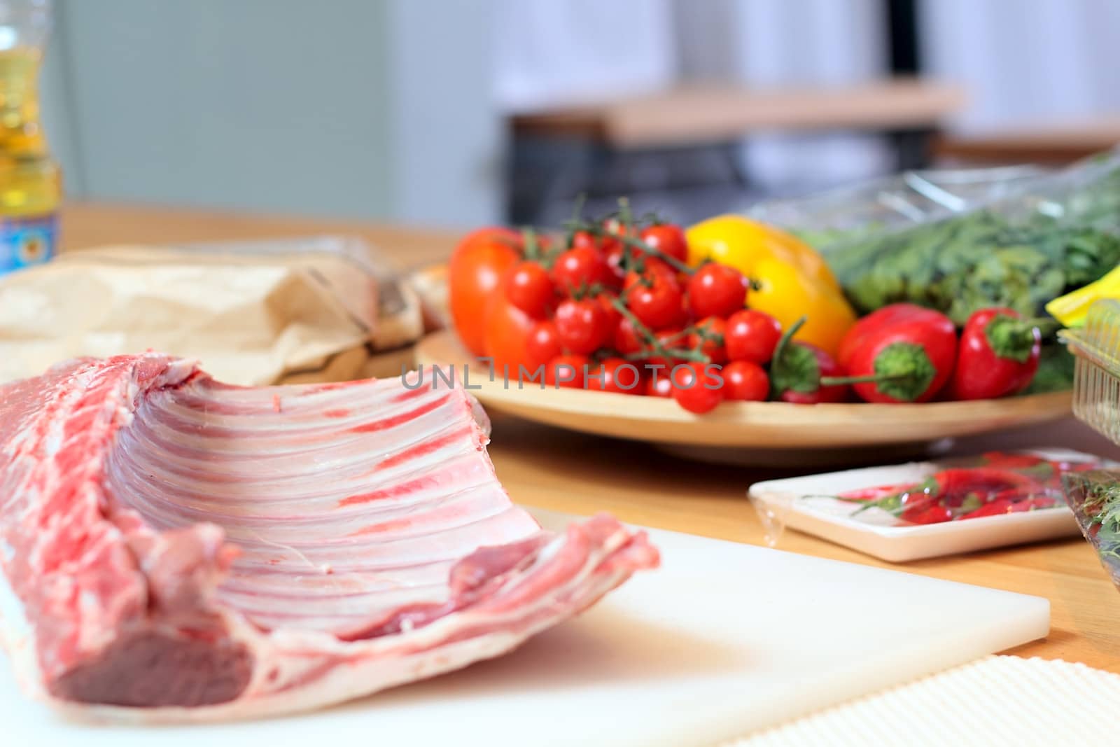 Lamb meat and vegetables at the kitchen