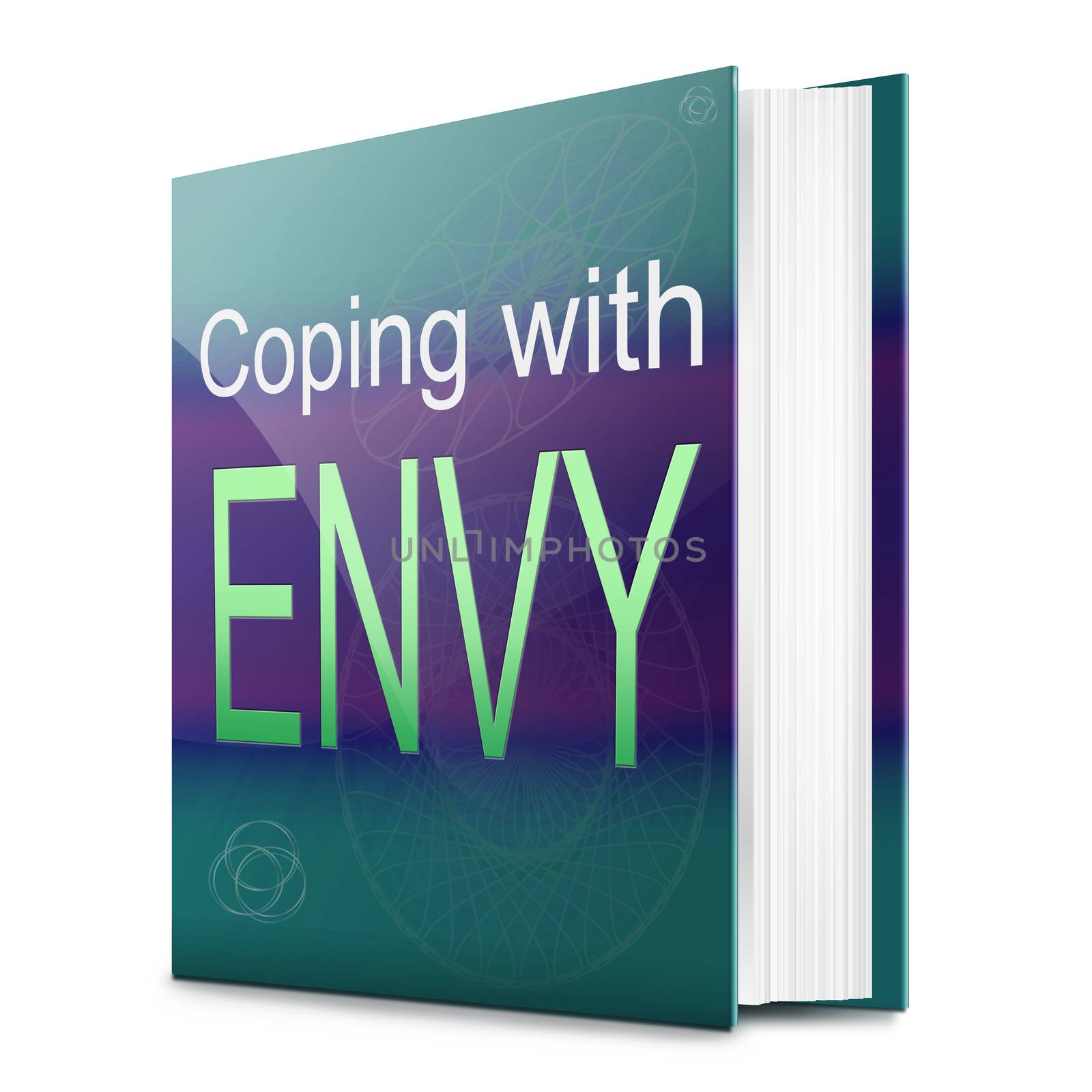 Illustration depicting a text book with an envy concept title. White background.