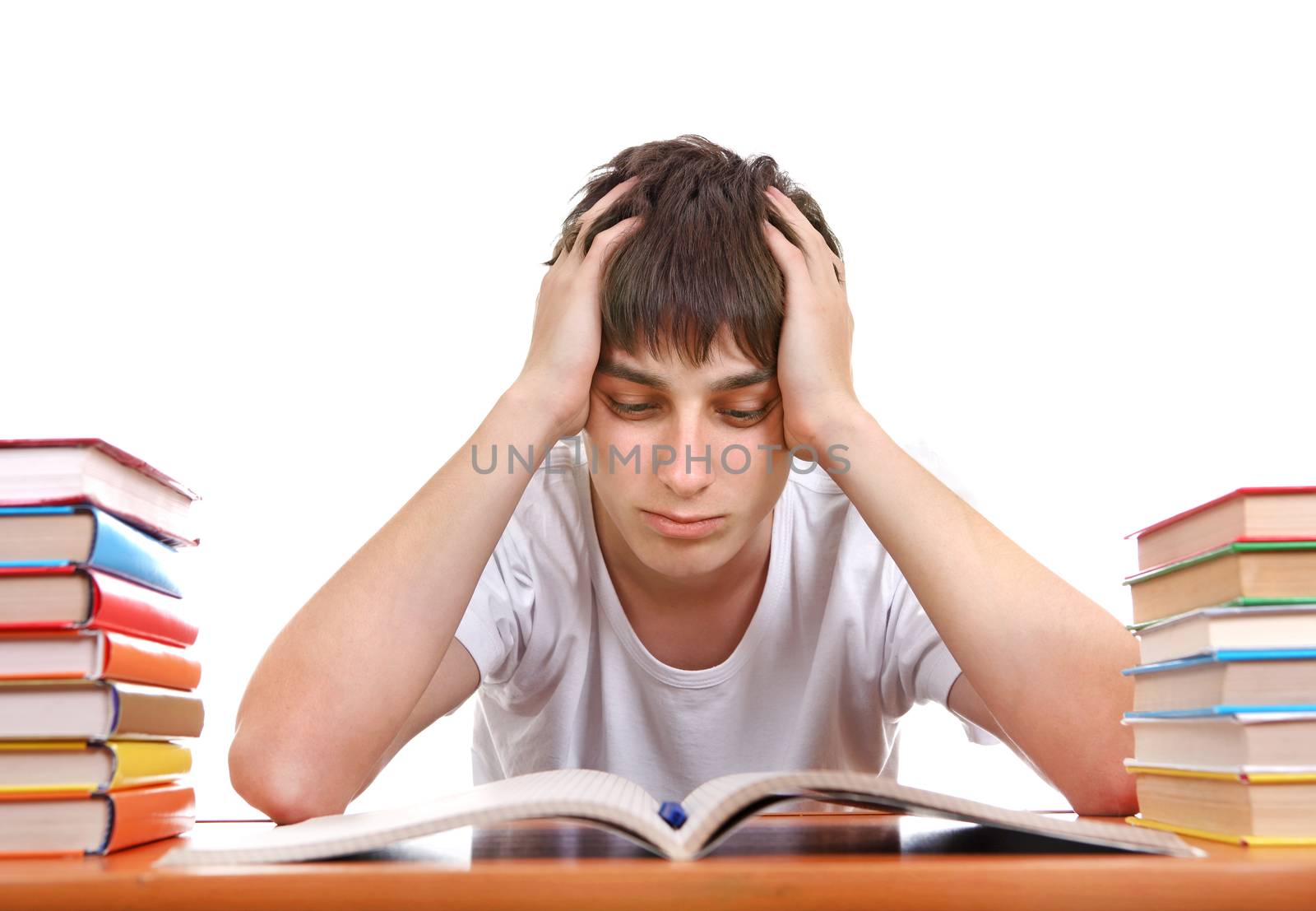 Sad Student after Hard Work for Exam on the White Background