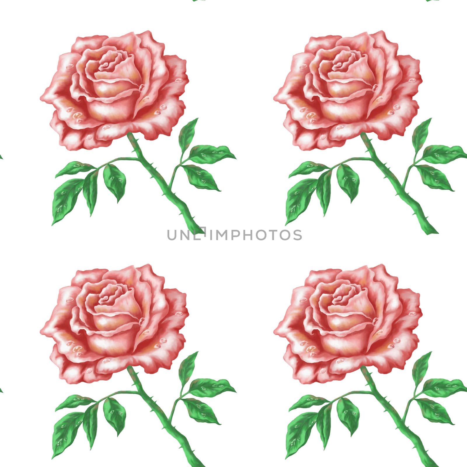 Seamless pattern, flowers rose, isolated on white background, acrylic, hand-draw painting
