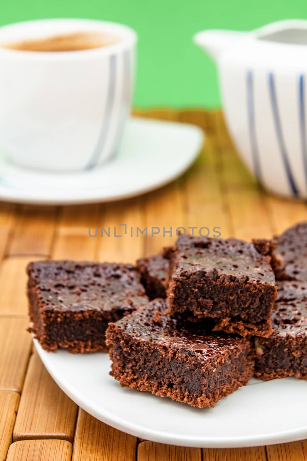 Chocolate brownies with coffee, selective focus
