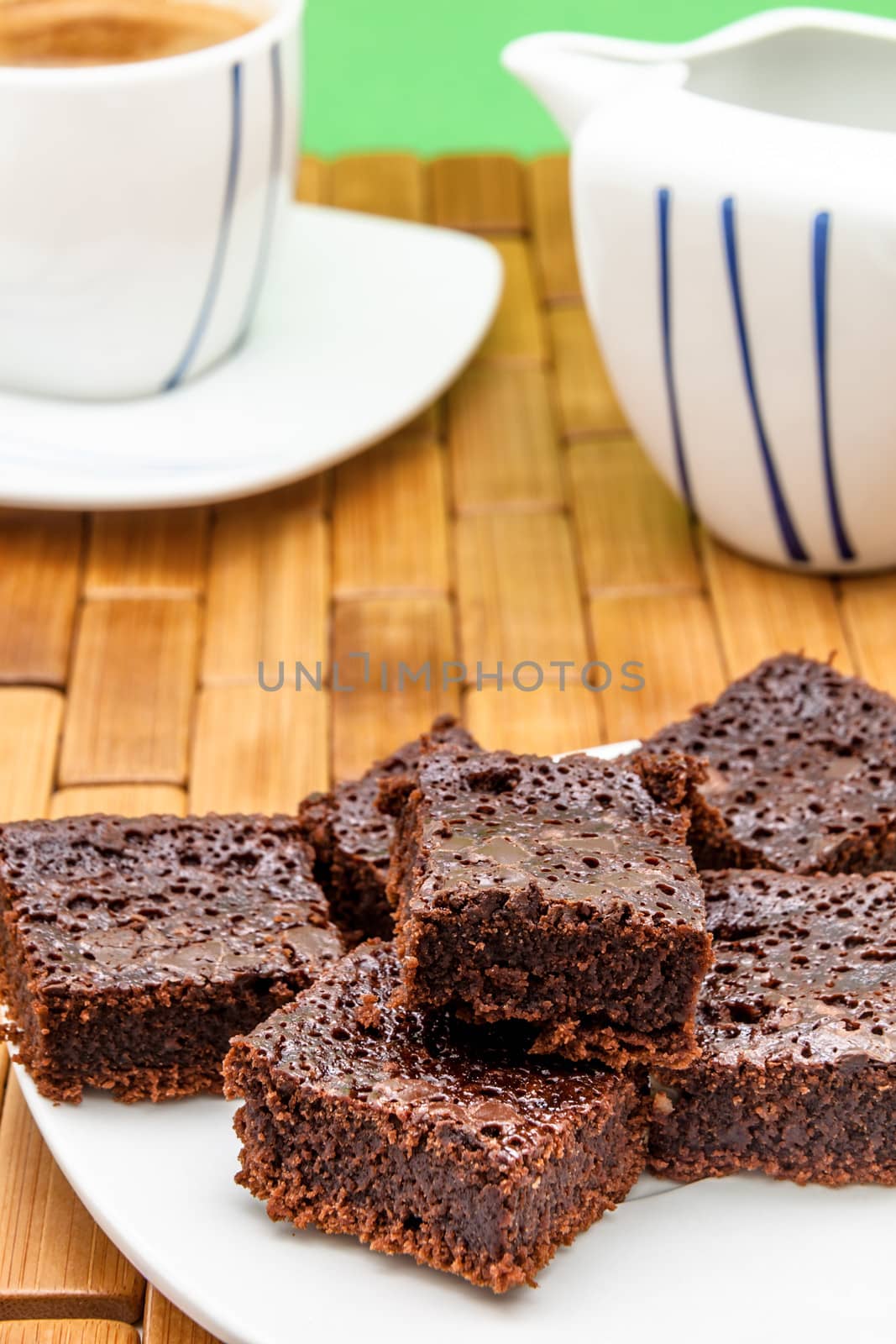 Chocolate brownies with coffee, selective focus