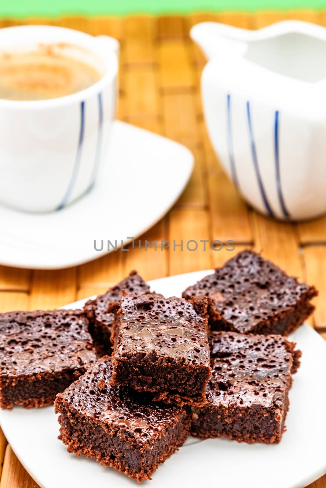 Chocolate brownies with coffee, selective focus