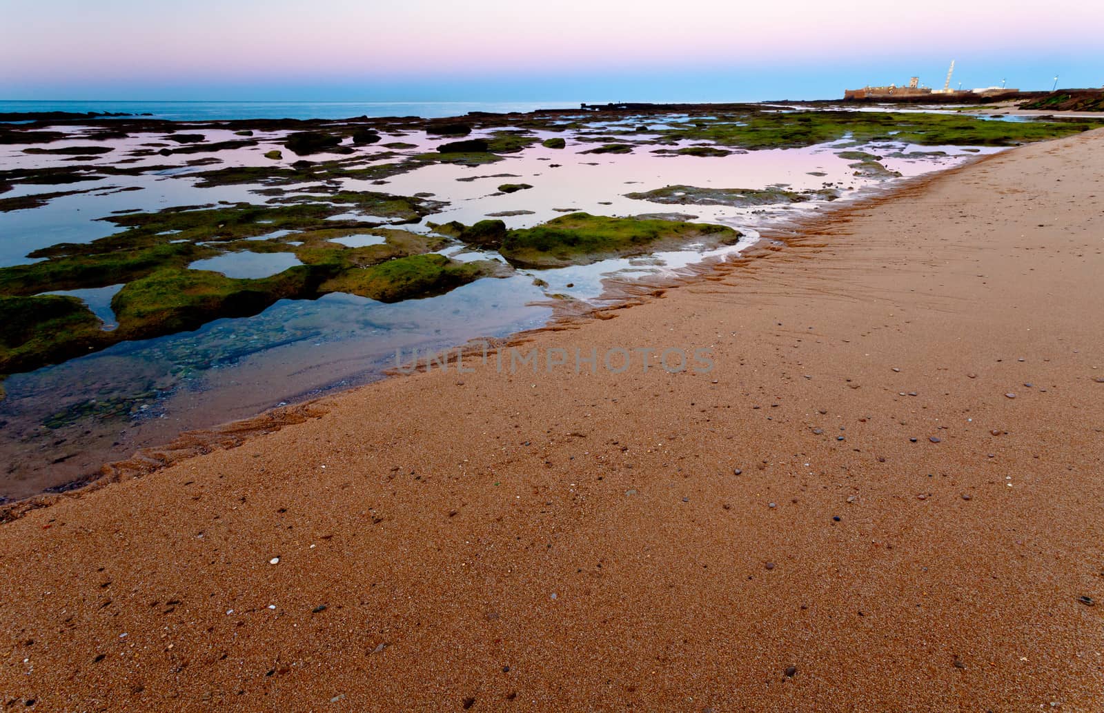 Landscape of the beach of La Caleta on  the province of Cadiz on Spain, about to dawn