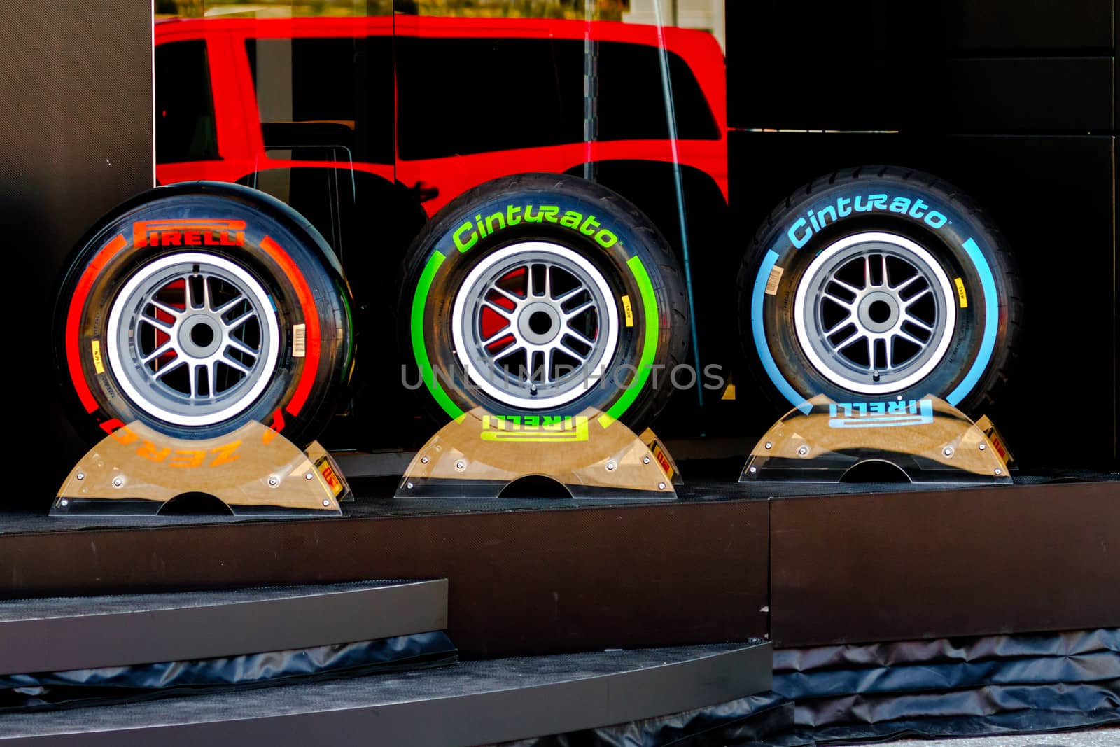 JEREZ DE LA FRONTERA, SPAIN - FEB 05: Exposition of the several sets of pneumatic tires Pirelli for the championship of Formula 1 of 2013 on February 05 , 2013, in Jerez de la Frontera , Spain
