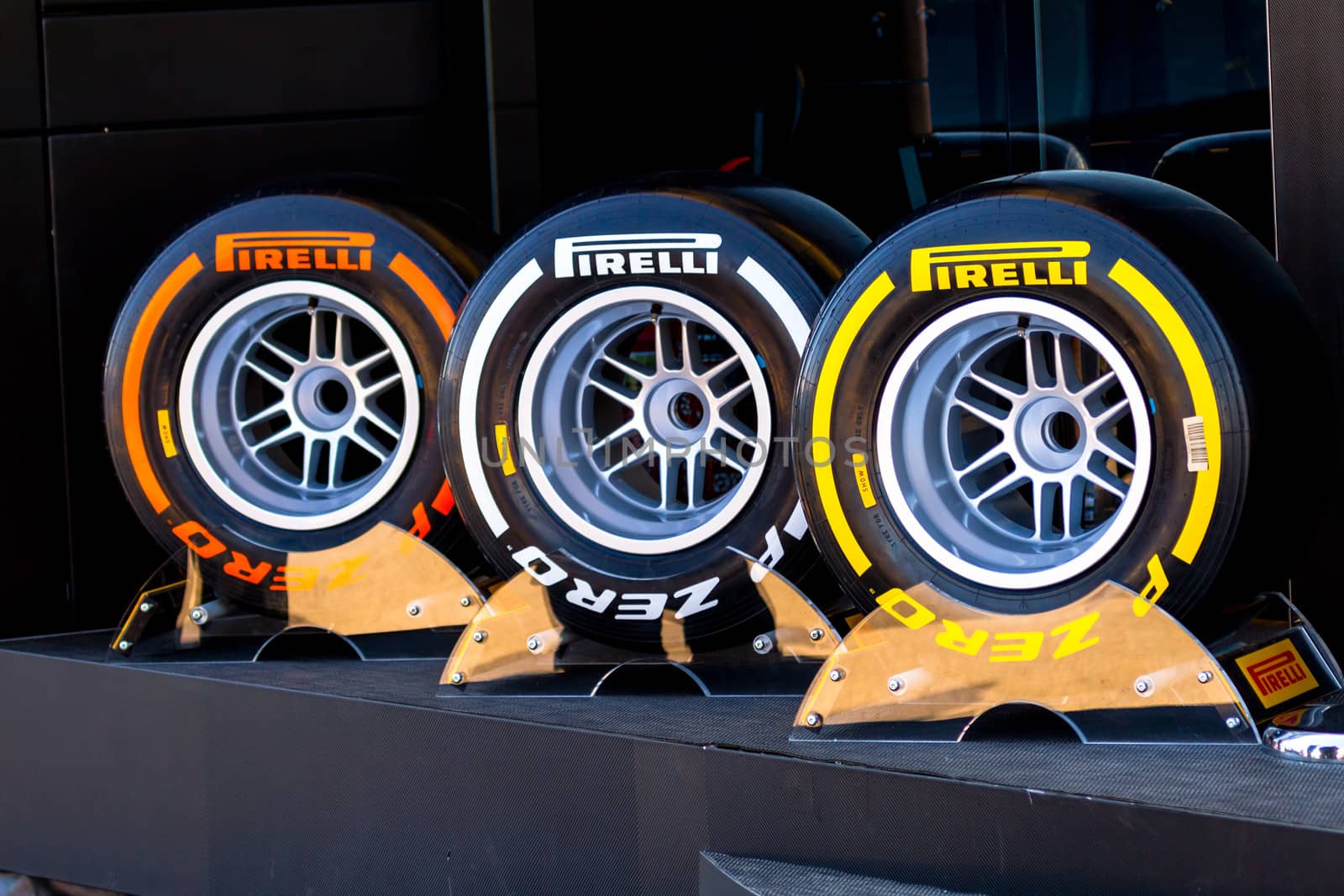 JEREZ DE LA FRONTERA, SPAIN - FEB 05: Exposition of the several sets of pneumatic tires Pirelli for the championship of Formula 1 of 2013 on February 05 , 2013, in Jerez de la Frontera , Spain