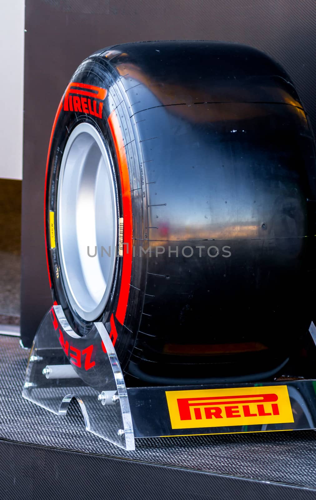 JEREZ DE LA FRONTERA, SPAIN - FEB 05: Exposition of supersoft  pneumatic tire Pirelli for the championship of Formula 1 of 2013 on February 05 , 2013, in Jerez de la Frontera , Spain