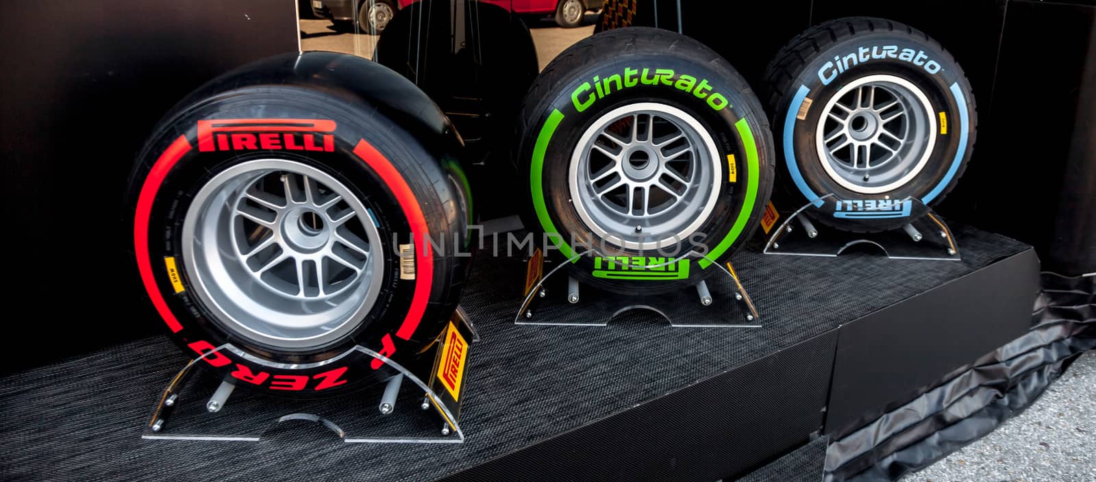 JEREZ DE LA FRONTERA, SPAIN - FEB 05: Exposition of the several sets of pneumatic tires Pirelli for the championship of Formula 1 of 2013 on February 05 , 2013, in Jerez de la Frontera , Spain