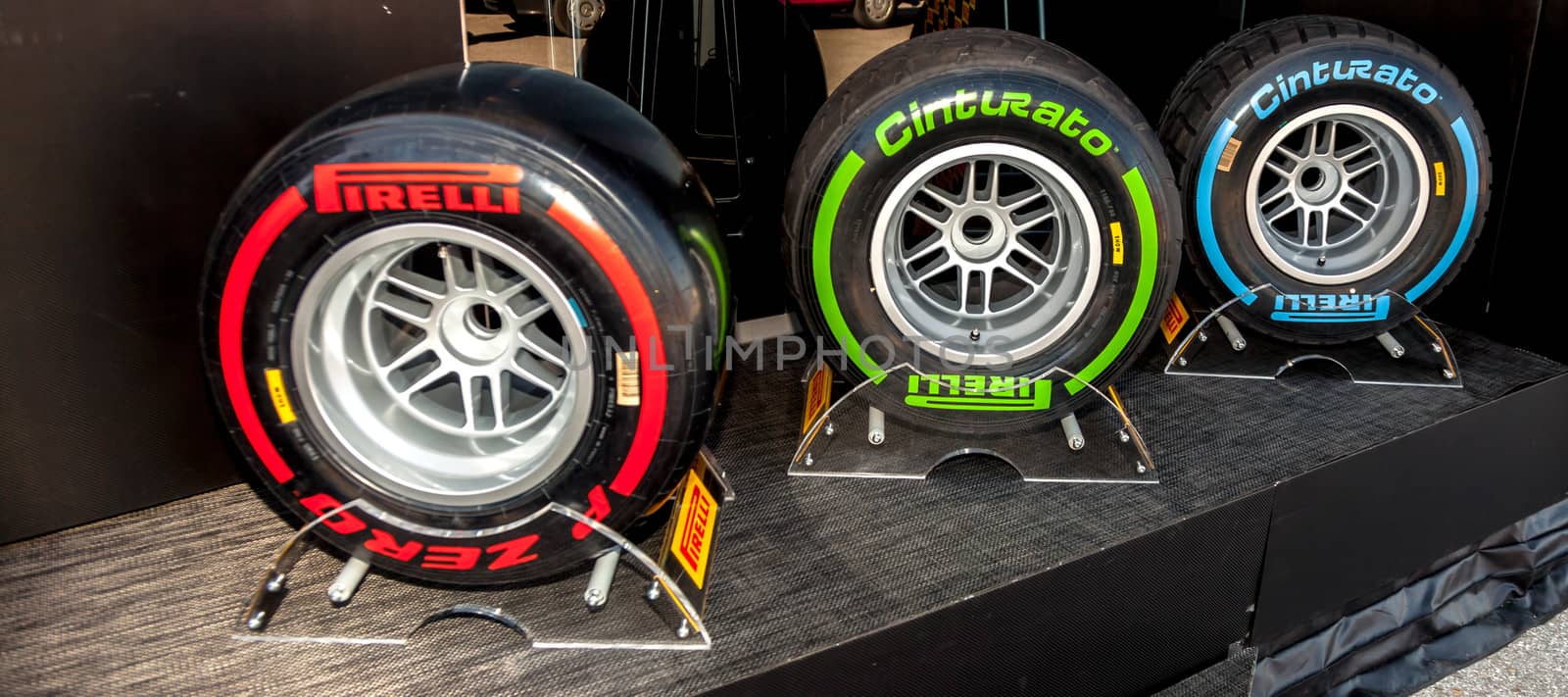 JEREZ DE LA FRONTERA, SPAIN - FEB 05: Exposition of the several sets of pneumatic tires Pirelli for the championship of Formula 1 of 2013 on February 05 , 2013, in Jerez de la Frontera , Spain