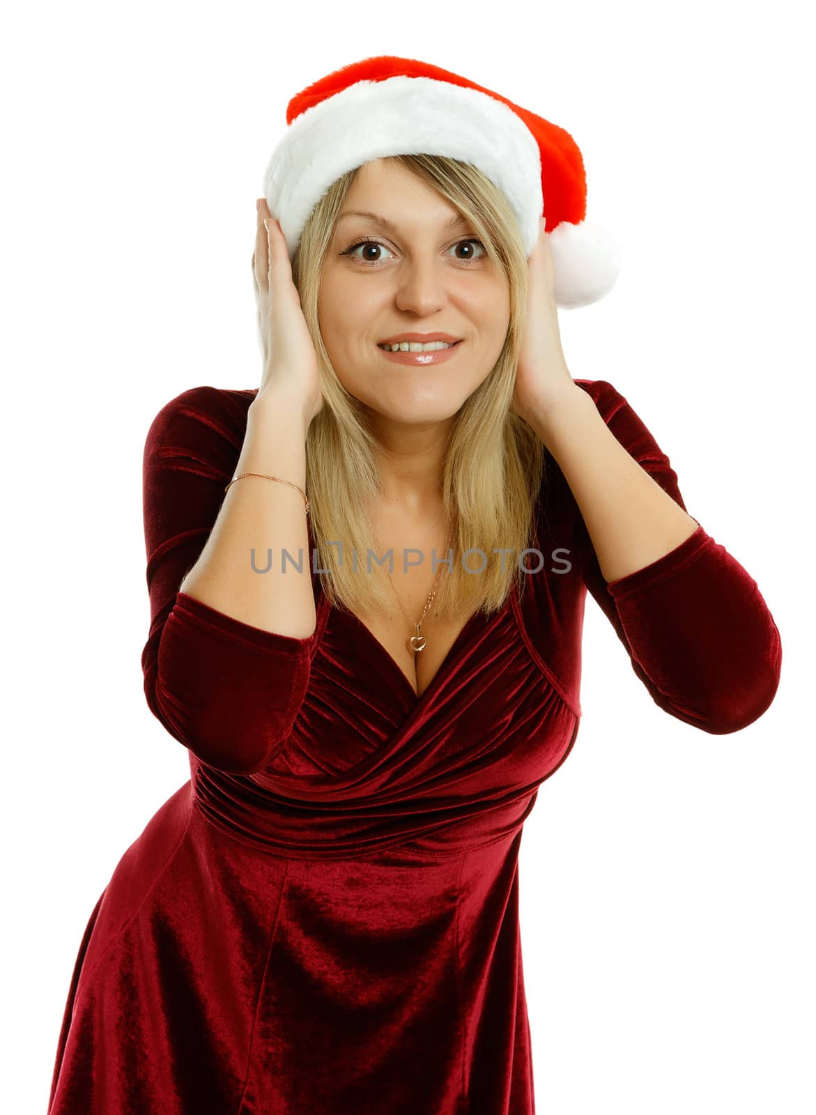 Beautiful girl in Santa hat on white background