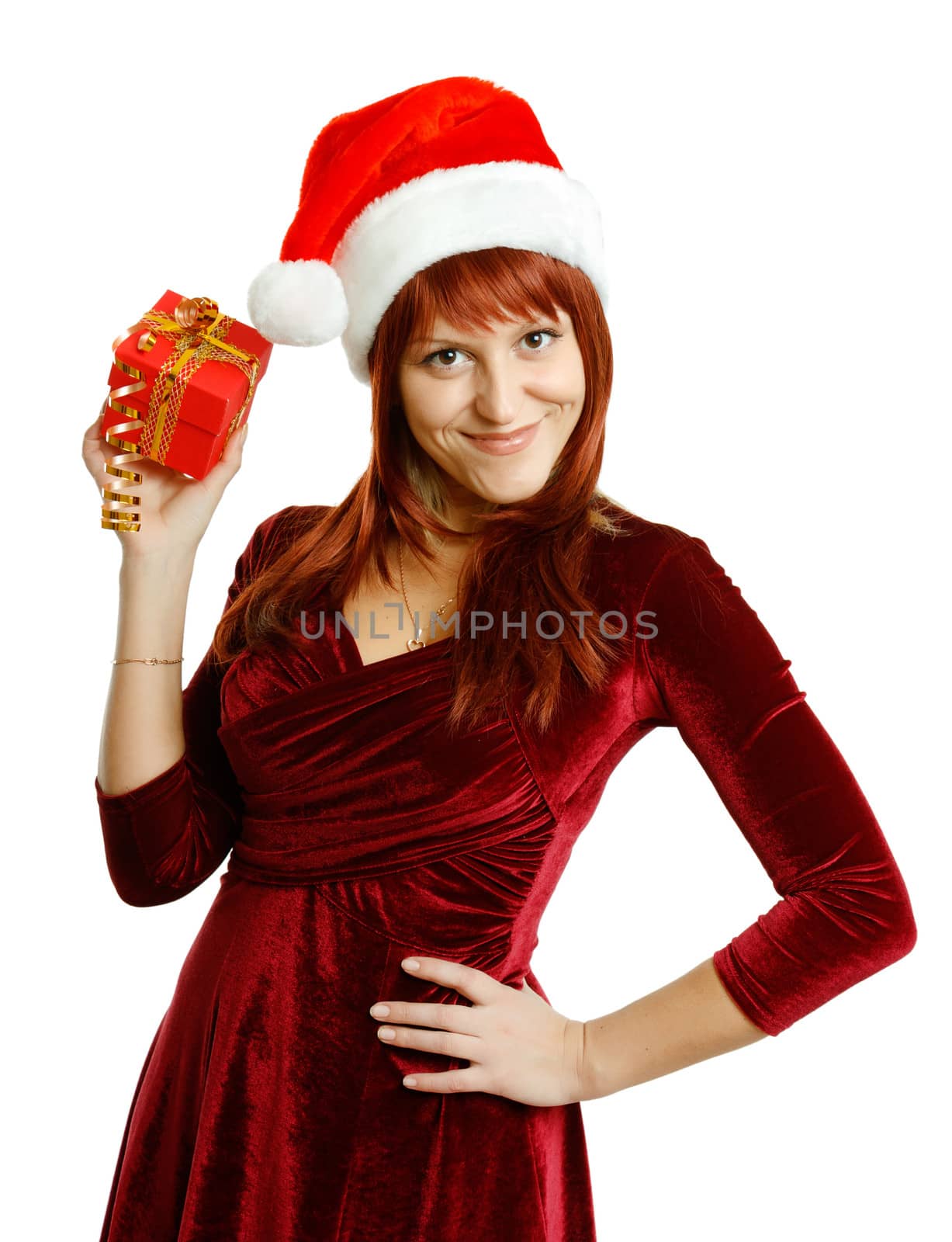 Beautiful girl in Santa hat on white background