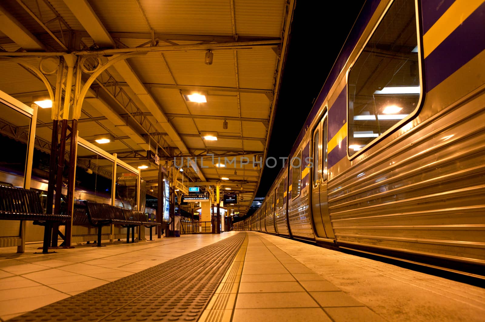 Train Stopped at Train Platform Station at night, Melbourne, Australia