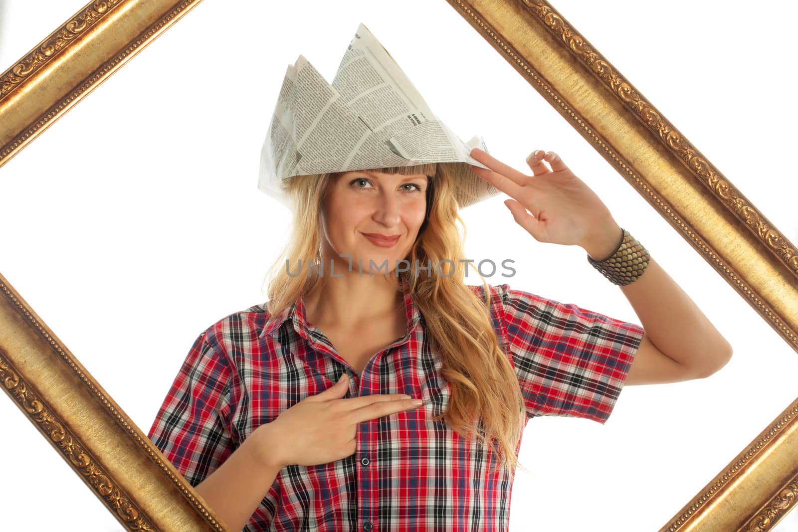 Woman engaged in small home repair on a white background