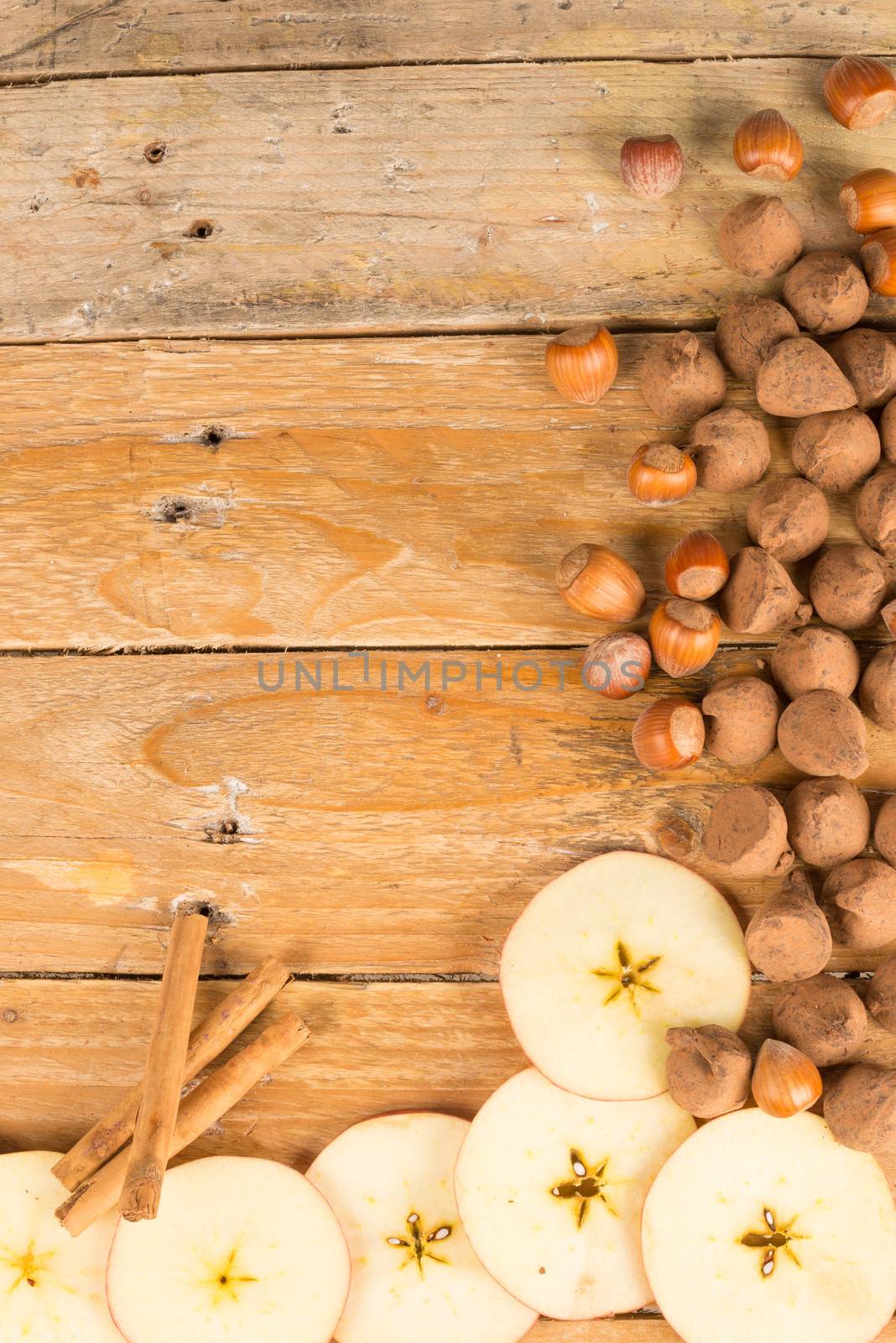 Food background with seasonal ingredients on a wooden surface