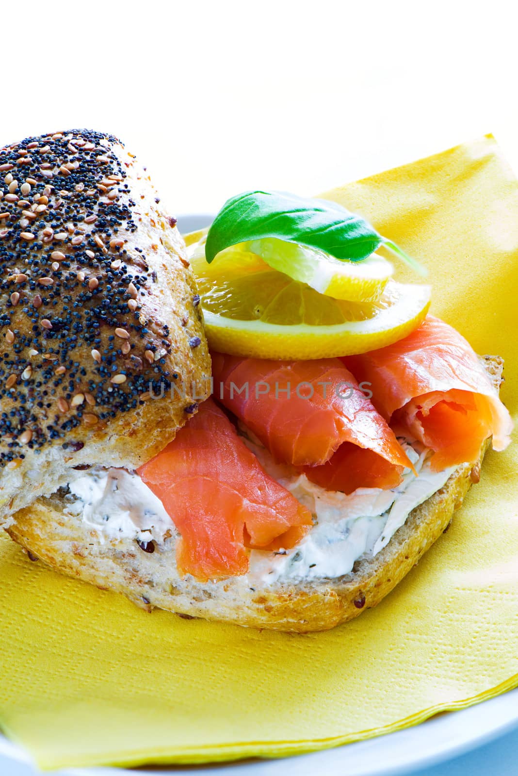 Sandwich with smoked salmon and soft cheese