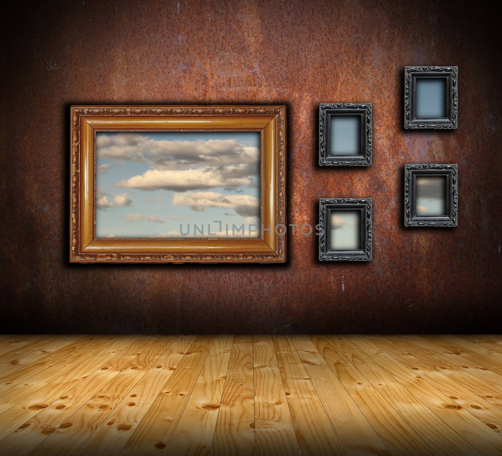 abstract architectural interior backdrop with frames on rusty wall and wooden floor